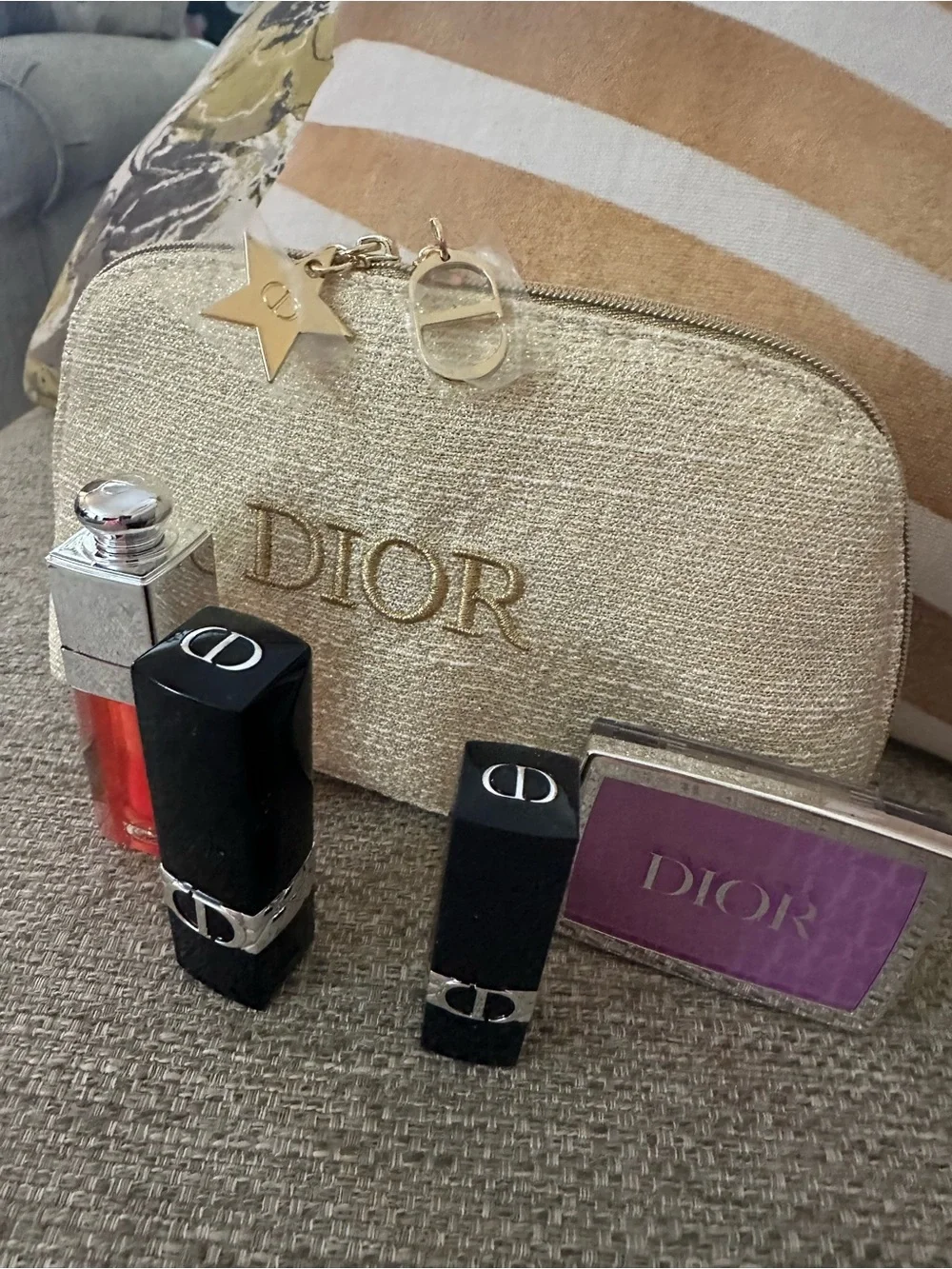 DIOR Gold Metallic Luxury Cosmetic Bag & Travel Pouch With Star & Logo Charm